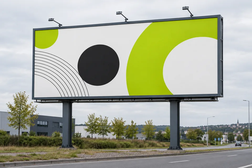Velkoplošný billboard s abstraktní grafikou u silnice.