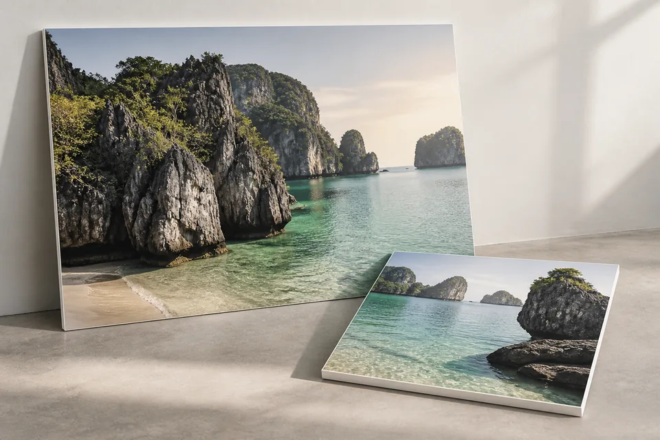 Fotografie přírodní krajiny vytištěné na pevných deskách.