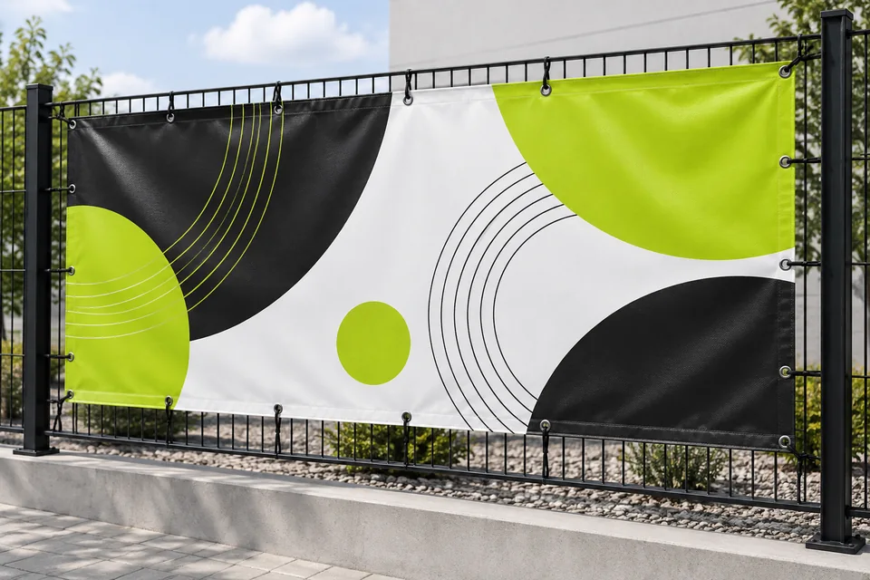 PVC banner s kovovými oky a pružným uchycením k oplocení.