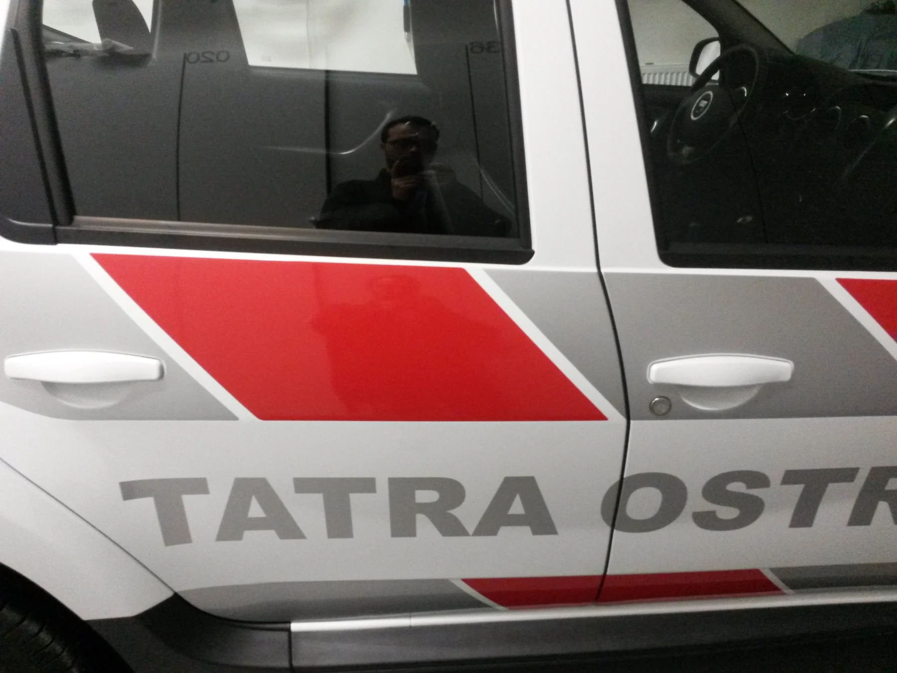 Detail červenošedé grafiky Tatra Ostraha na dveřích Dusteru